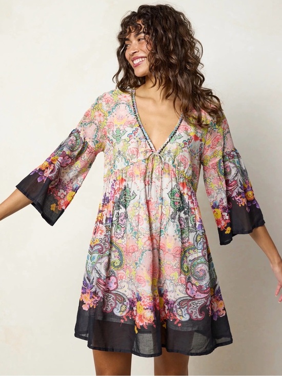 NATURAL LIFE Dresses & Skirts - NATURAL LIFE Pastel Floral V-Neck Dress with Sequin Trim